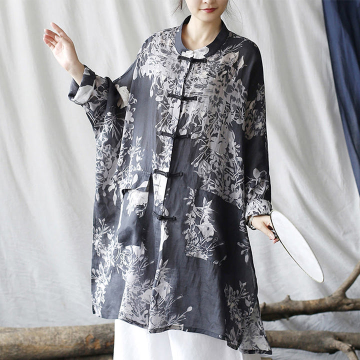 Camicia giacca in lino ramiè con maniche lunghe, bottoni a rana, fiori bianchi blu Buddha Stones con tasche - image 7