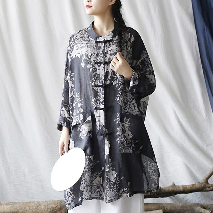 Camicia giacca in lino ramiè con maniche lunghe, bottoni a rana, fiori bianchi blu Buddha Stones con tasche