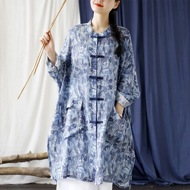 Giacca camicia in lino ramiè a maniche lunghe con bottoni a farfalla, fiori blu, pietre Buddha Stones rana, con tasche