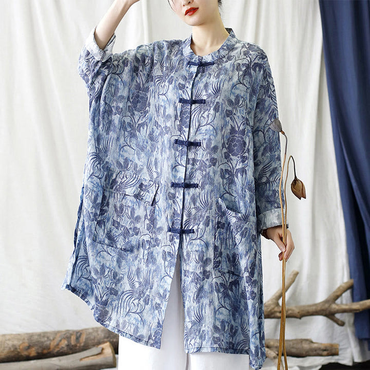 Giacca camicia in lino ramiè a maniche lunghe con bottoni a farfalla, fiori blu, pietre Buddha Stones rana, con tasche