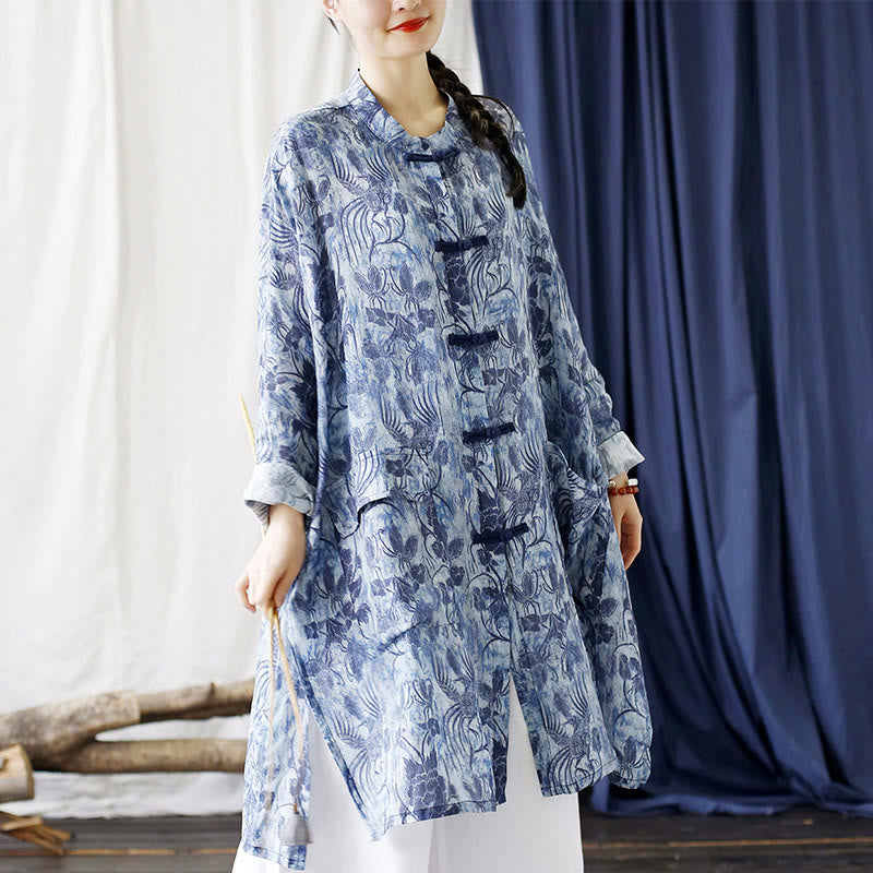 Giacca camicia in lino ramiè a maniche lunghe con bottoni a farfalla, fiori blu, pietre Buddha Stones rana, con tasche