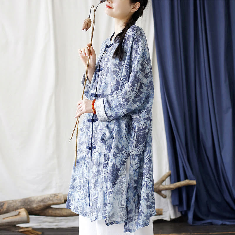 Giacca camicia in lino ramiè a maniche lunghe con bottoni a farfalla, fiori blu, pietre Buddha Stones rana, con tasche