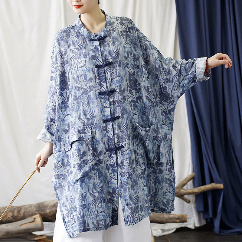 Giacca camicia in lino ramiè a maniche lunghe con bottoni a farfalla, fiori blu, pietre Buddha Stones rana, con tasche