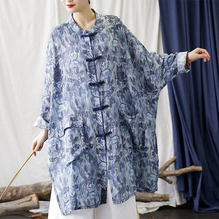 Giacca camicia in lino ramiè a maniche lunghe con bottoni a farfalla, fiori blu, pietre Buddha Stones rana, con tasche
