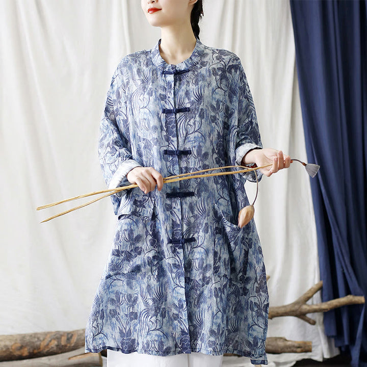 Giacca camicia in lino ramiè a maniche lunghe con bottoni a farfalla, fiori blu, pietre Buddha Stones rana, con tasche