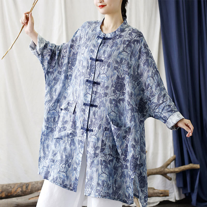 Giacca camicia in lino ramiè a maniche lunghe con bottoni a farfalla, fiori blu, pietre Buddha Stones rana, con tasche