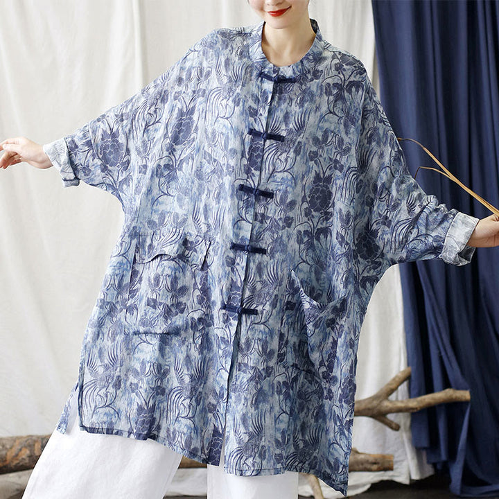 Giacca camicia in lino ramiè a maniche lunghe con bottoni a farfalla, fiori blu, pietre Buddha Stones rana, con tasche