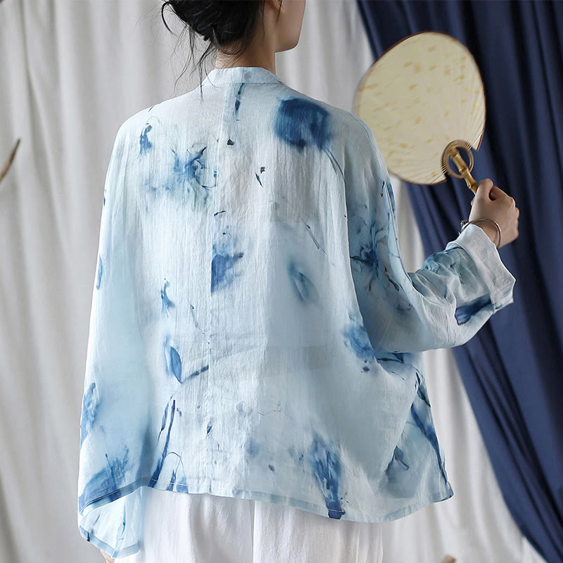 Camicia giacca in lino ramiè a maniche lunghe con motivo tie-dye, fiori blu e bottoni a rana , Buddha Stones