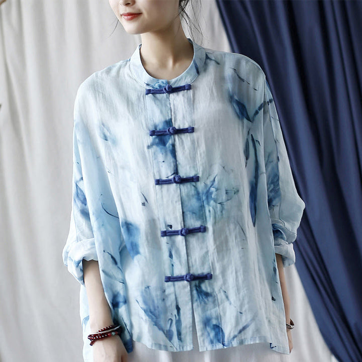 Camicia giacca in lino ramiè a maniche lunghe con motivo tie-dye, fiori blu e bottoni a rana , Buddha Stones