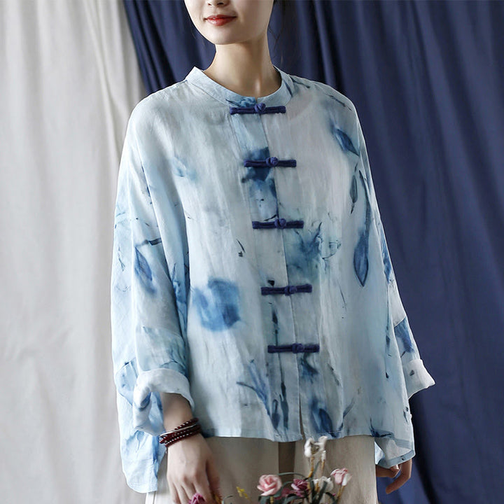 Camicia giacca in lino ramiè a maniche lunghe con motivo tie-dye, fiori blu e bottoni a rana , Buddha Stones