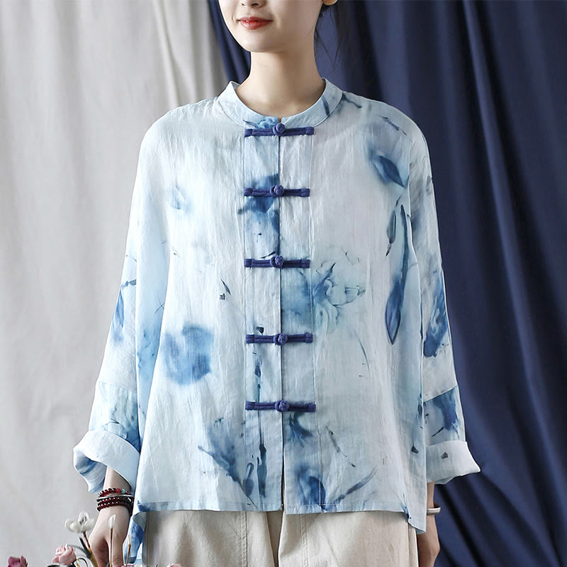 Camicia giacca in lino ramiè a maniche lunghe con motivo tie-dye, fiori blu e bottoni a rana , Buddha Stones
