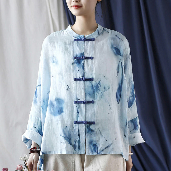 Camicia giacca in lino ramiè a maniche lunghe con motivo tie-dye, fiori blu e bottoni a rana , Buddha Stones