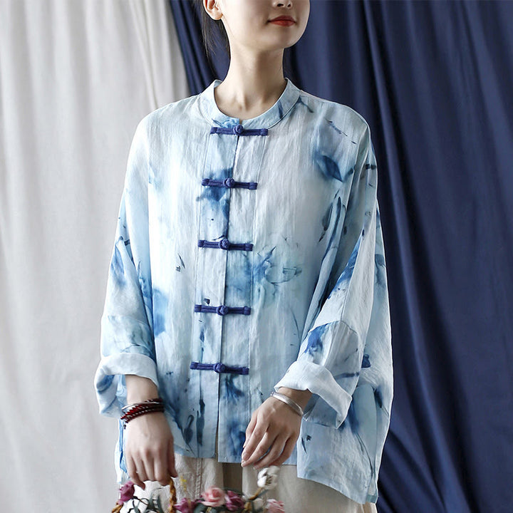 Camicia giacca in lino ramiè a maniche lunghe con motivo tie-dye, fiori blu e bottoni a rana , Buddha Stones
