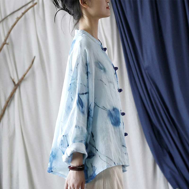 Camicia giacca in lino ramiè a maniche lunghe con motivo tie-dye, fiori blu e bottoni a rana , Buddha Stones