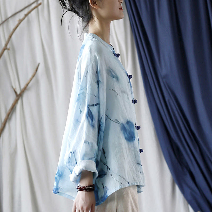 Camicia giacca in lino ramiè a maniche lunghe con motivo tie-dye, fiori blu e bottoni a rana , Buddha Stones