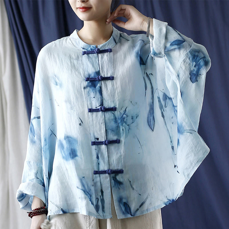 Camicia giacca in lino ramiè a maniche lunghe con motivo tie-dye, fiori blu e bottoni a rana , Buddha Stones