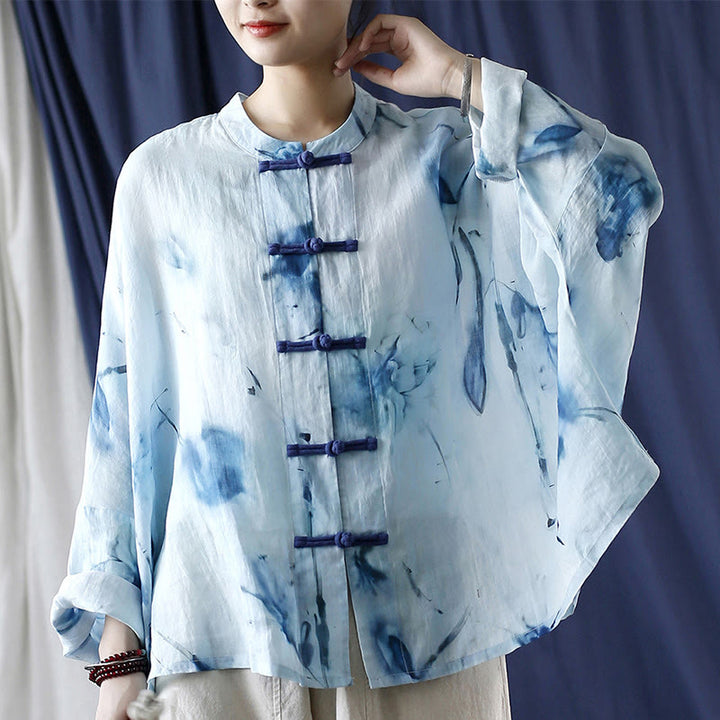 Camicia giacca in lino ramiè a maniche lunghe con motivo tie-dye, fiori blu e bottoni a rana , Buddha Stones