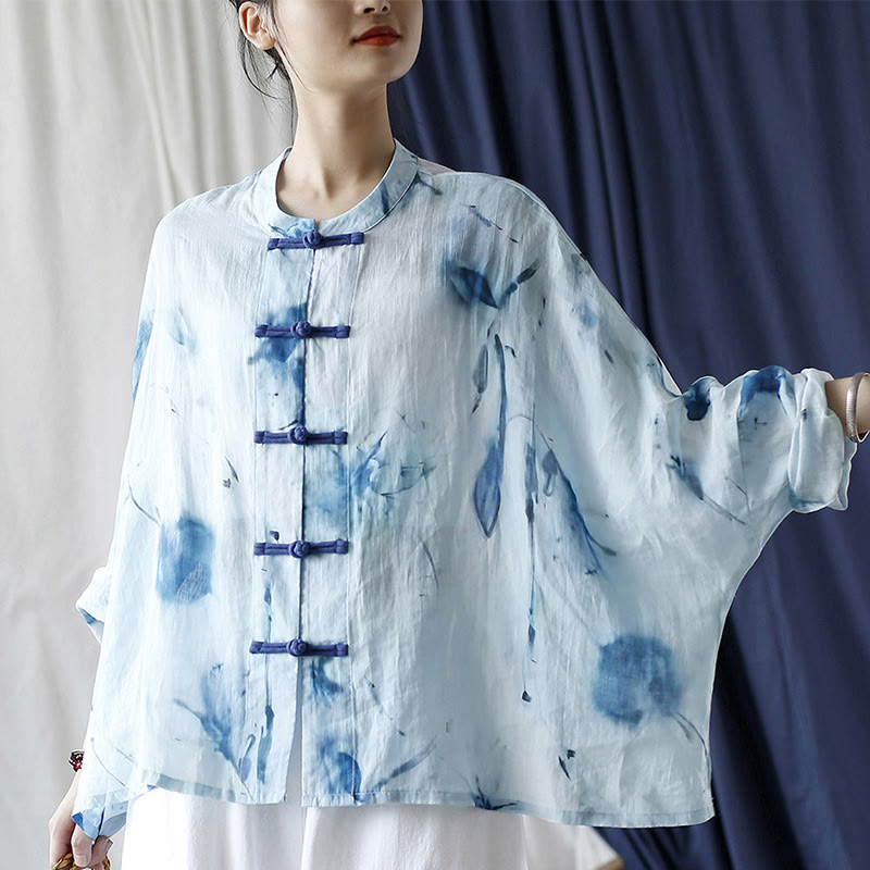 Camicia giacca in lino ramiè a maniche lunghe con motivo tie-dye, fiori blu e bottoni a rana , Buddha Stones