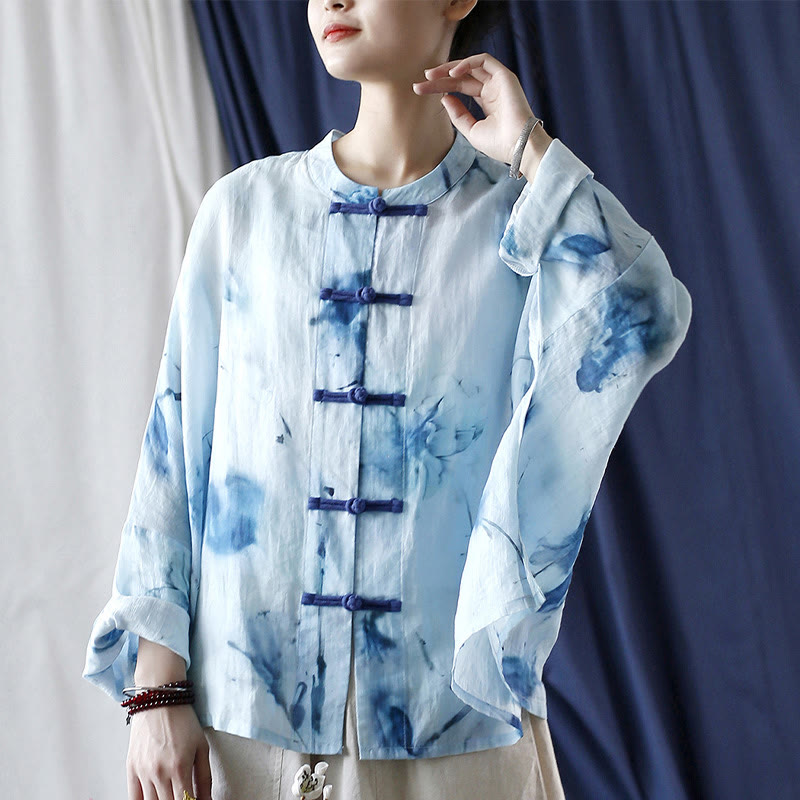 Camicia giacca in lino ramiè a maniche lunghe con motivo tie-dye, fiori blu e bottoni a rana , Buddha Stones