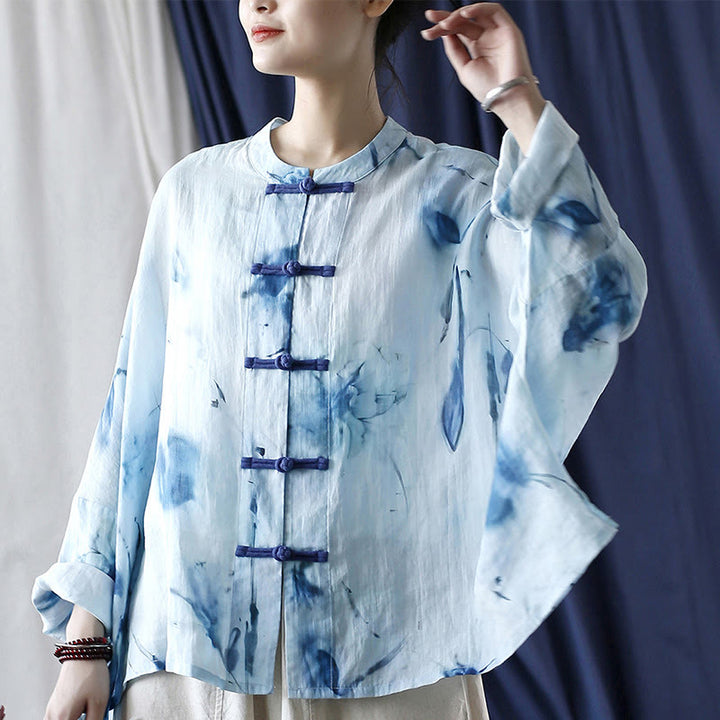 Camicia giacca in lino ramiè a maniche lunghe con motivo tie-dye, fiori blu e bottoni a rana , Buddha Stones