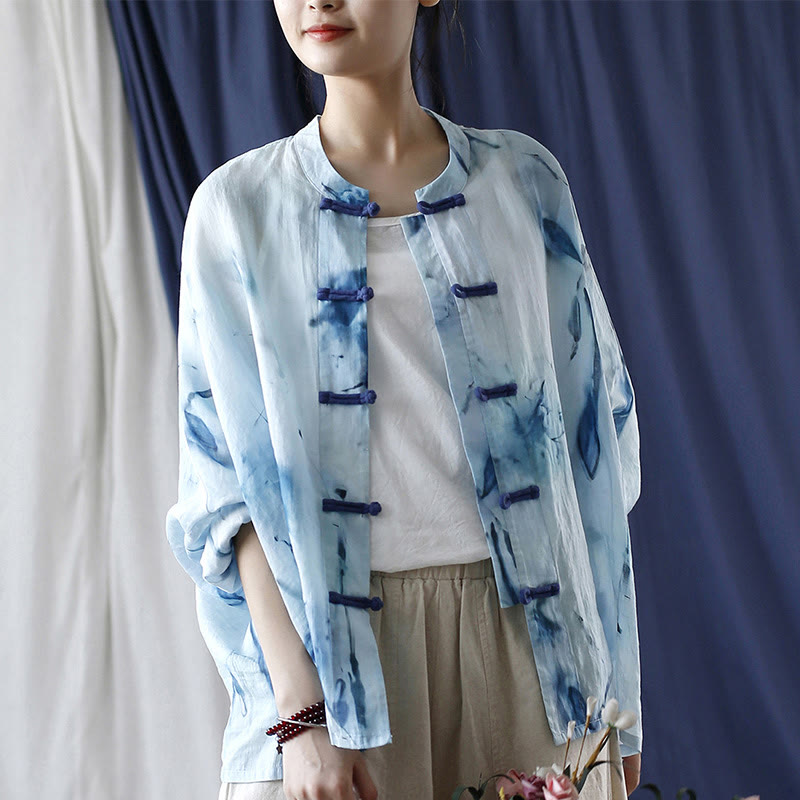 Camicia giacca in lino ramiè a maniche lunghe con motivo tie-dye, fiori blu e bottoni a rana , Buddha Stones