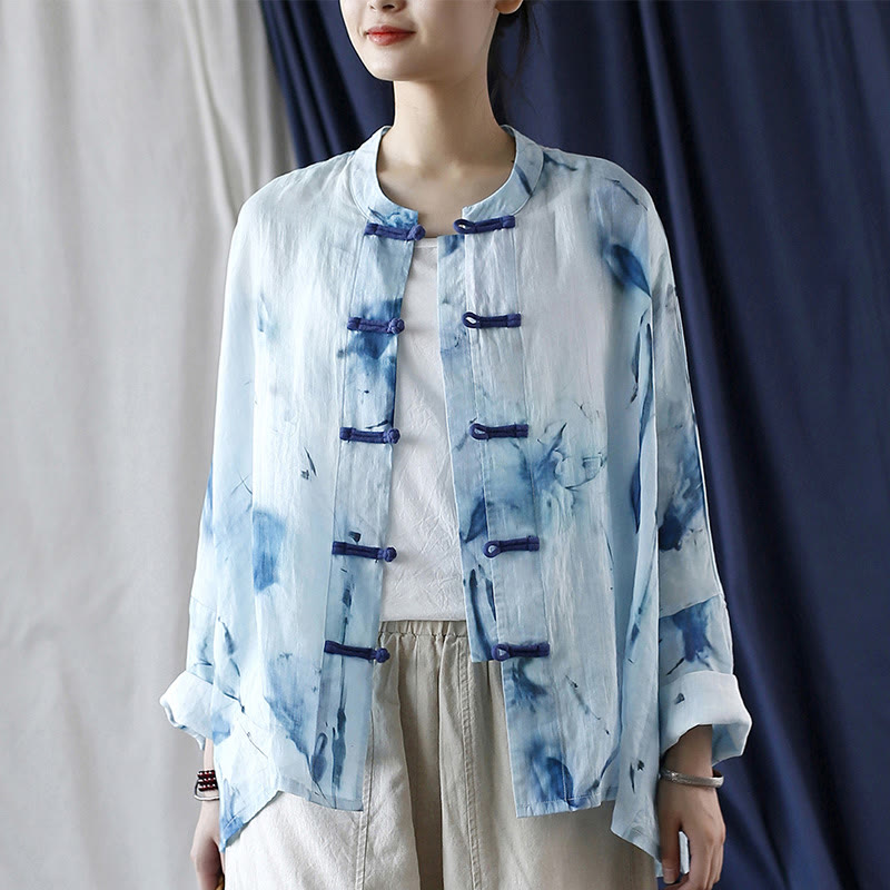 Camicia giacca in lino ramiè a maniche lunghe con motivo tie-dye, fiori blu e bottoni a rana , Buddha Stones