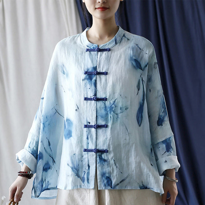Camicia giacca in lino ramiè a maniche lunghe con motivo tie-dye, fiori blu e bottoni a rana , Buddha Stones