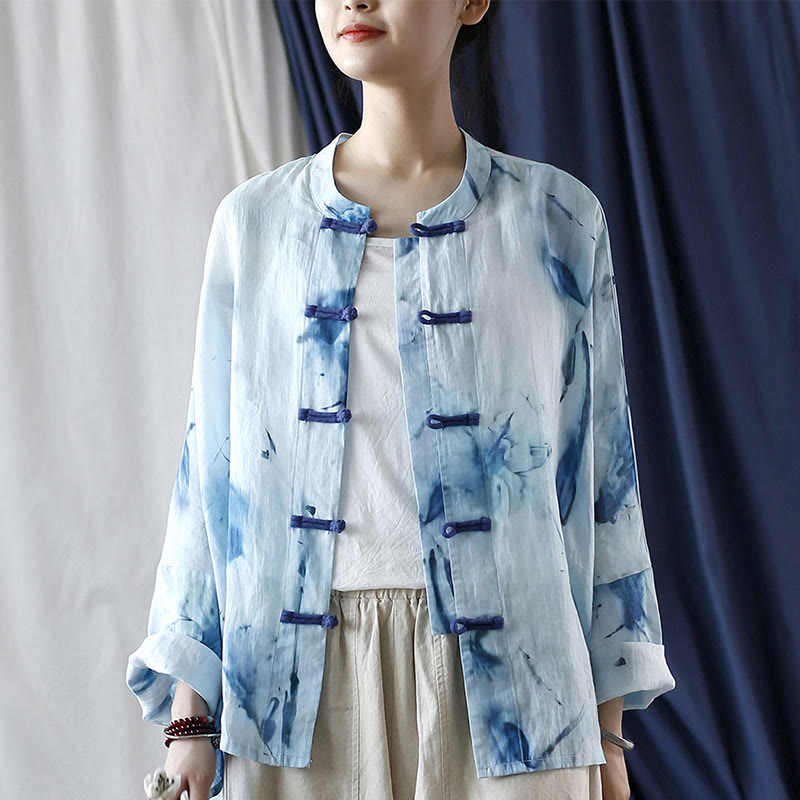 Camicia giacca in lino ramiè a maniche lunghe con motivo tie-dye, fiori blu e bottoni a rana , Buddha Stones
