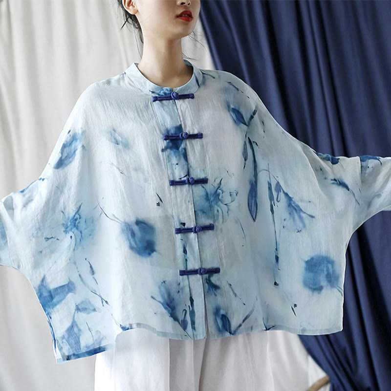Camicia giacca in lino ramiè a maniche lunghe con motivo tie-dye, fiori blu e bottoni a rana , Buddha Stones