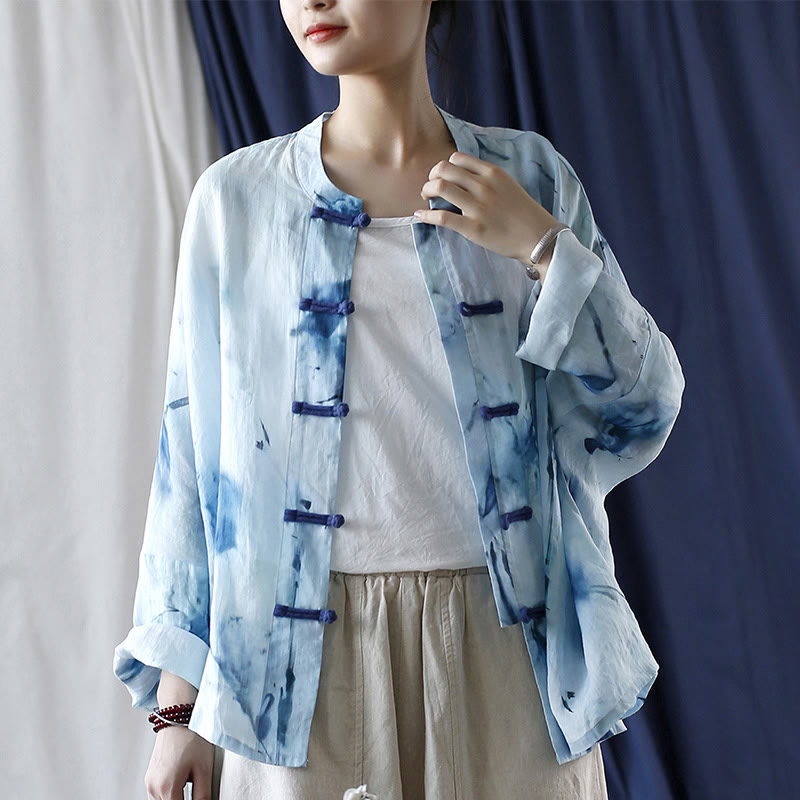 Camicia giacca in lino ramiè a maniche lunghe con motivo tie-dye, fiori blu e bottoni a rana , Buddha Stones