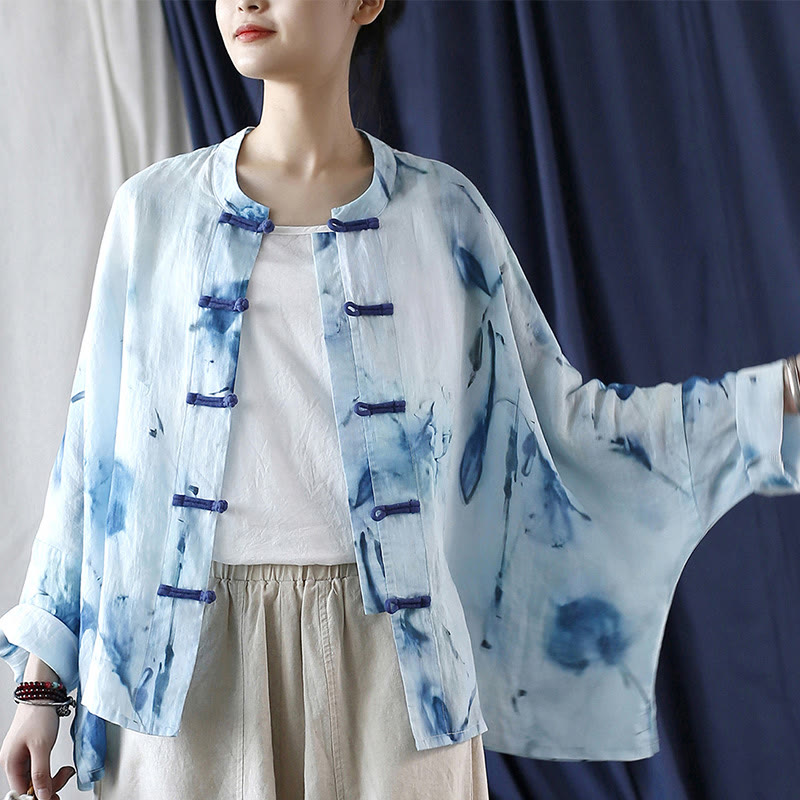 Camicia giacca in lino ramiè a maniche lunghe con motivo tie-dye, fiori blu e bottoni a rana , Buddha Stones