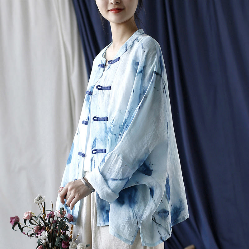 Camicia giacca in lino ramiè a maniche lunghe con motivo tie-dye, fiori blu e bottoni a rana , Buddha Stones