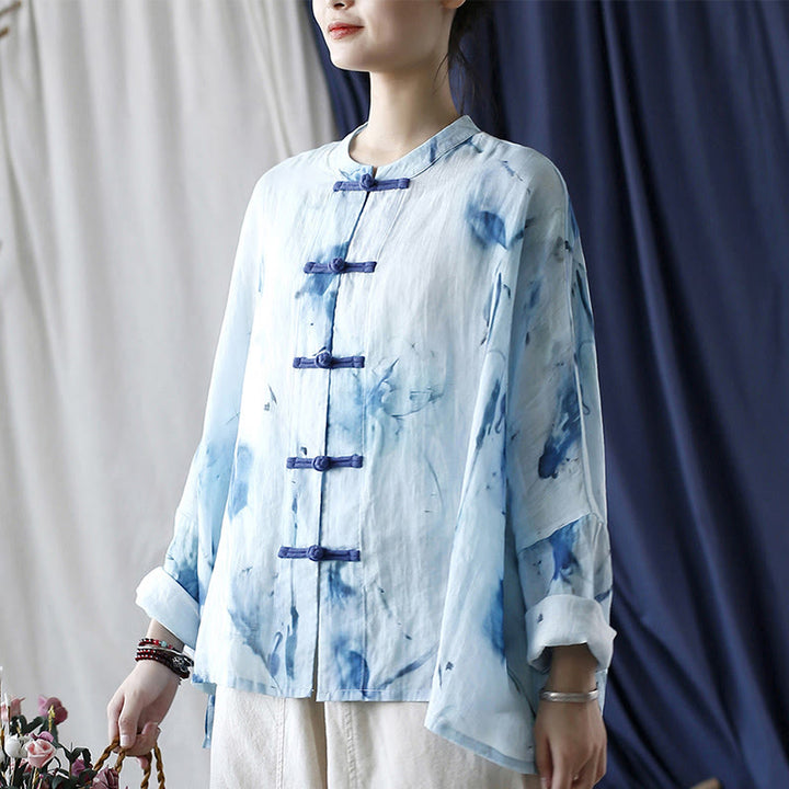 Camicia giacca in lino ramiè a maniche lunghe con motivo tie-dye, fiori blu e bottoni a rana , Buddha Stones