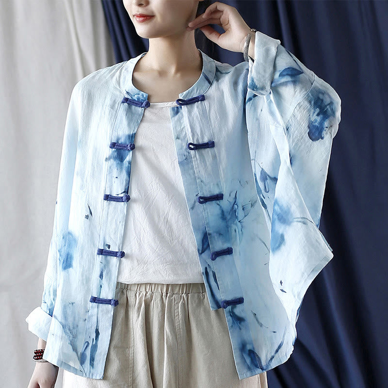 Camicia giacca in lino ramiè a maniche lunghe con motivo tie-dye, fiori blu e bottoni a rana , Buddha Stones