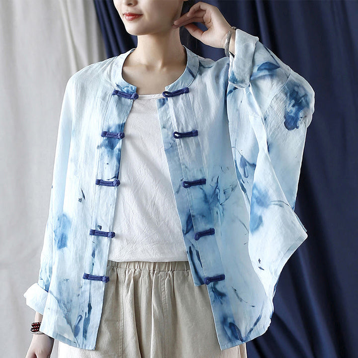 Camicia giacca in lino ramiè a maniche lunghe con motivo tie-dye, fiori blu e bottoni a rana , Buddha Stones
