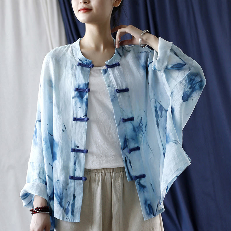 Camicia giacca in lino ramiè a maniche lunghe con motivo tie-dye, fiori blu e bottoni a rana , Buddha Stones