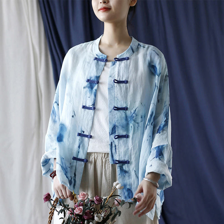 Camicia giacca in lino ramiè a maniche lunghe con motivo tie-dye, fiori blu e bottoni a rana , Buddha Stones