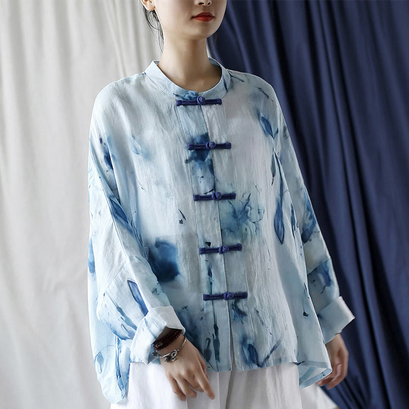 Camicia giacca in lino ramiè a maniche lunghe con motivo tie-dye, fiori blu e bottoni a rana , Buddha Stones