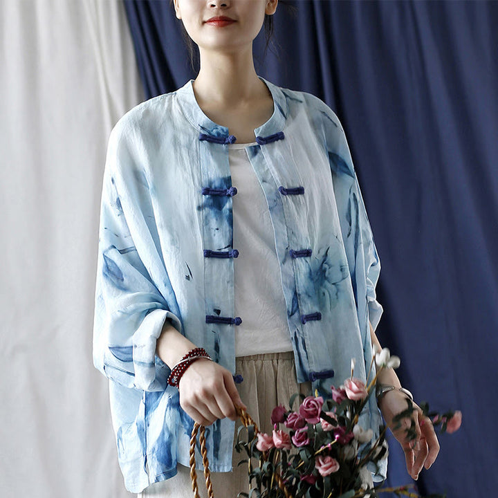 Camicia giacca in lino ramiè a maniche lunghe con motivo tie-dye, fiori blu e bottoni a rana , Buddha Stones
