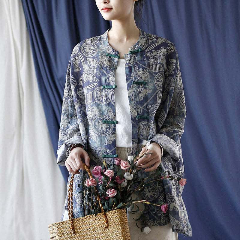 Giacca camicia in lino ramiè a maniche lunghe con bottoni a rana, Buddha Stones, uccelli, fiori e geometria
