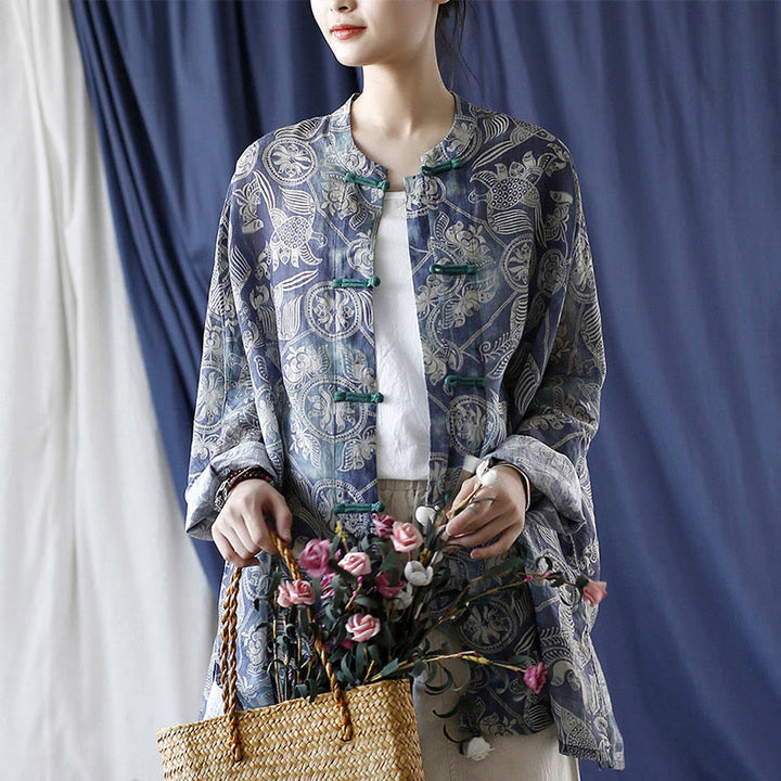 Giacca camicia in lino ramiè a maniche lunghe con bottoni a rana, Buddha Stones, uccelli, fiori e geometria