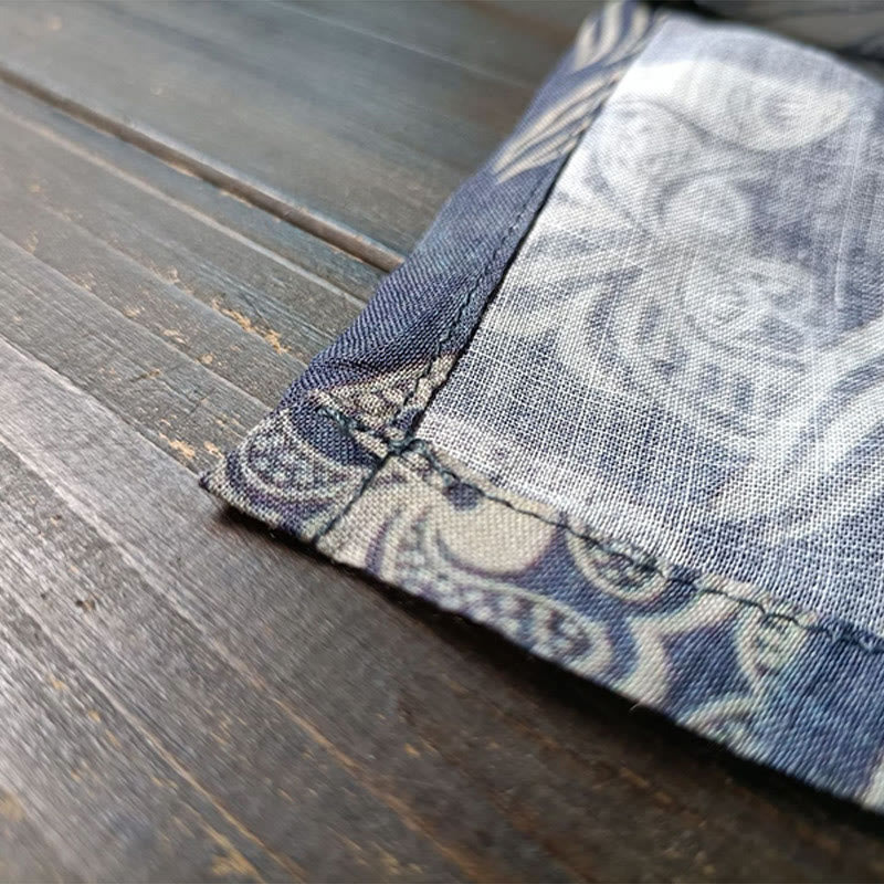 Giacca camicia in lino ramiè a maniche lunghe con bottoni a rana, Buddha Stones, uccelli, fiori e geometria