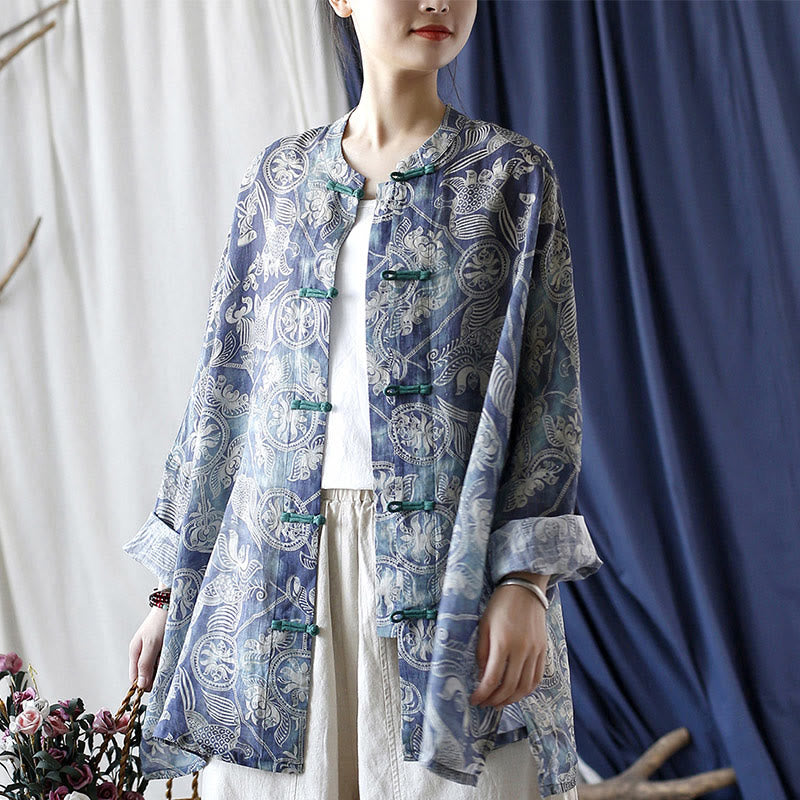 Giacca camicia in lino ramiè a maniche lunghe con bottoni a rana, Buddha Stones, uccelli, fiori e geometria