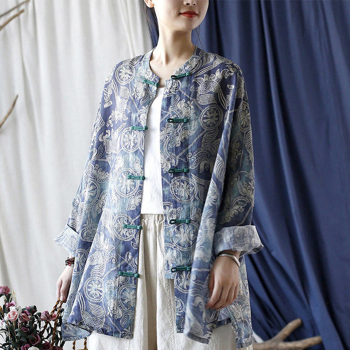 Giacca camicia in lino ramiè a maniche lunghe con bottoni a rana, Buddha Stones, uccelli, fiori e geometria