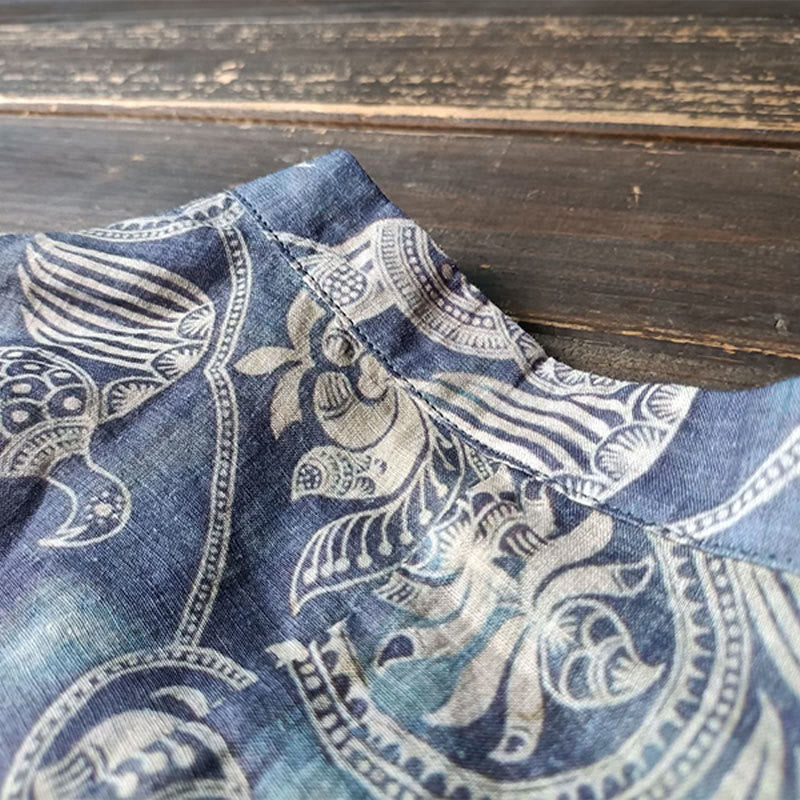 Giacca camicia in lino ramiè a maniche lunghe con bottoni a rana, Buddha Stones, uccelli, fiori e geometria