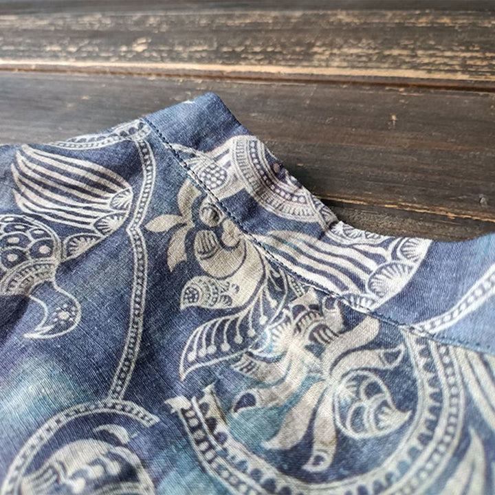 Giacca camicia in lino ramiè a maniche lunghe con bottoni a rana, Buddha Stones, uccelli, fiori e geometria