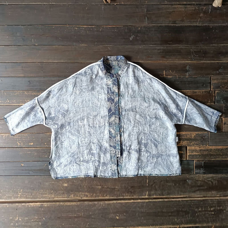 Giacca camicia in lino ramiè a maniche lunghe con bottoni a rana, Buddha Stones, uccelli, fiori e geometria