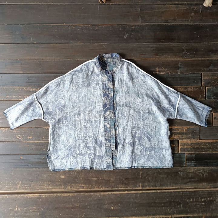 Giacca camicia in lino ramiè a maniche lunghe con bottoni a rana, Buddha Stones, uccelli, fiori e geometria