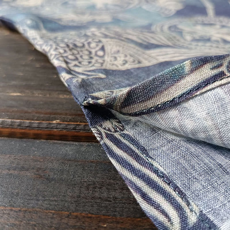 Giacca camicia in lino ramiè a maniche lunghe con bottoni a rana, Buddha Stones, uccelli, fiori e geometria