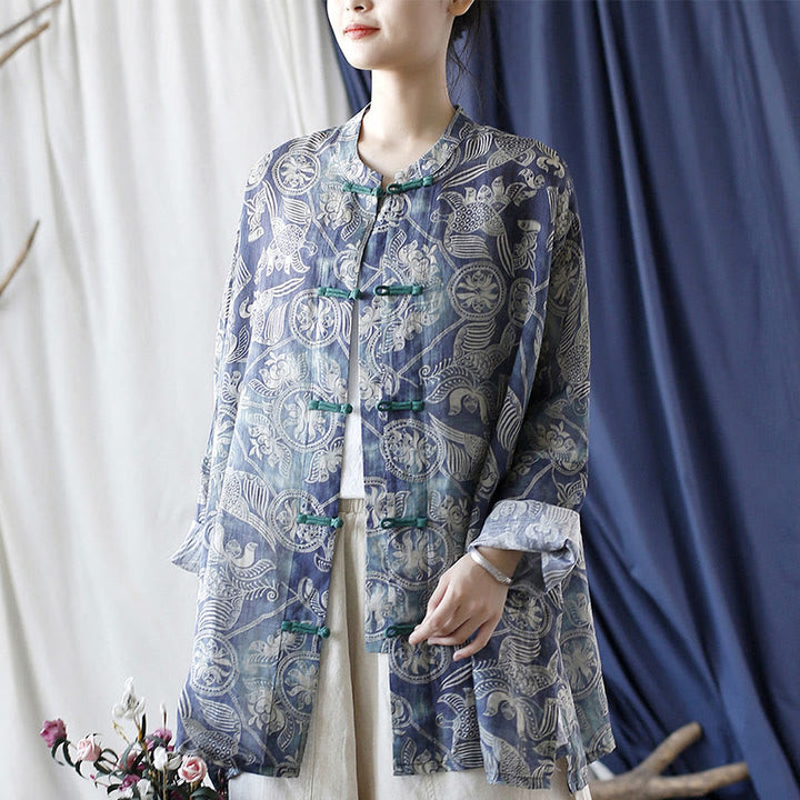 Giacca camicia in lino ramiè a maniche lunghe con bottoni a rana, Buddha Stones, uccelli, fiori e geometria